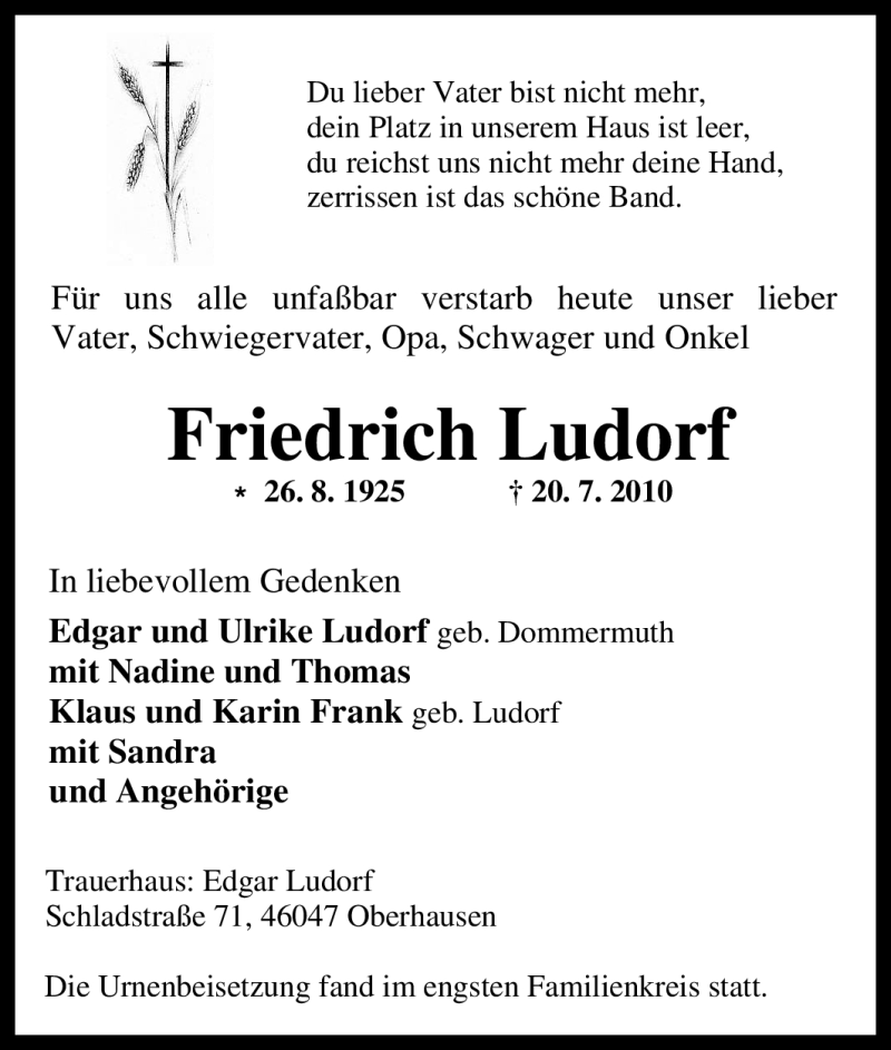  Traueranzeige für Friedrich Ludorf vom 26.07.2010 aus Tageszeitung
