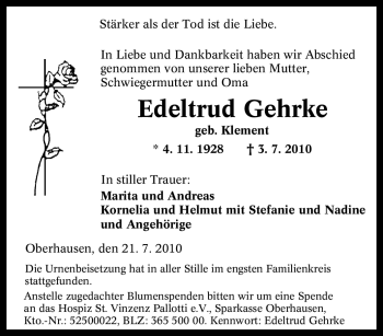 Traueranzeige von Edeltrud Gehrke von Tageszeitung