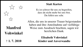 Traueranzeige von Manfred Vohwinkel von Tageszeitung