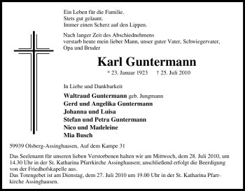 Traueranzeige von Karl Guntermann von Tageszeitung