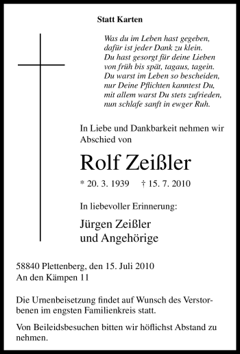 Traueranzeige von Rolf Zeißler von Tageszeitung