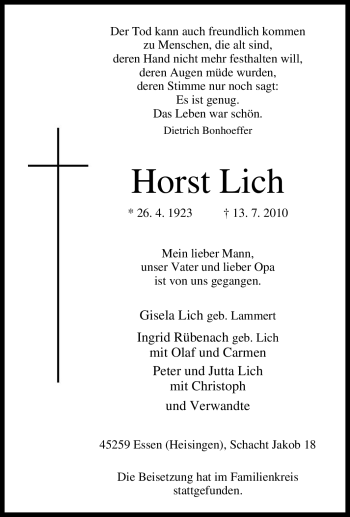 Traueranzeige von Horst Lich von Tageszeitung