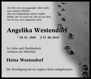 Traueranzeige von Angelika Westendorf von Tageszeitung
