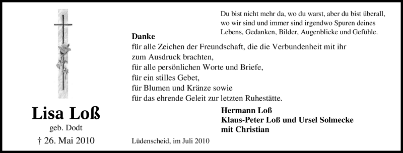  Traueranzeige für Lisa Loß vom 03.07.2010 aus Tageszeitung
