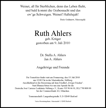 Traueranzeige von Ruth Ahlers von Tageszeitung