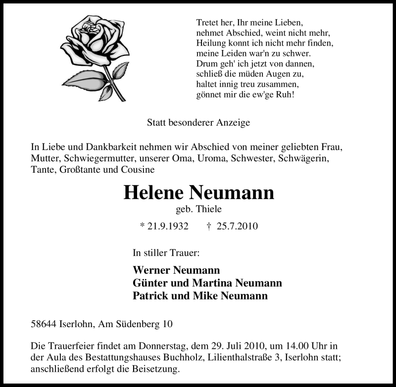 Traueranzeigen von Helene Neumann | Trauer-in-NRW.de