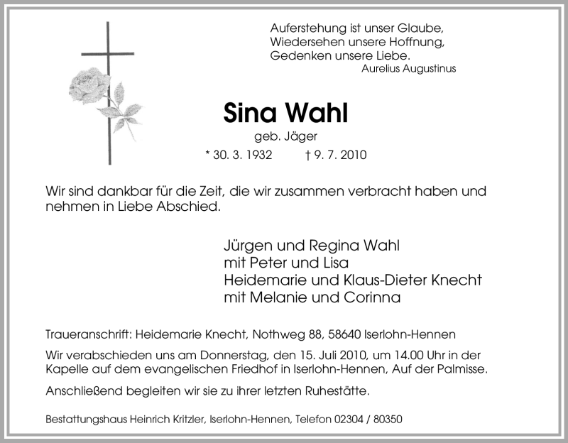 Traueranzeige für Sina Wahl vom 13.07.2010 aus Tageszeitung