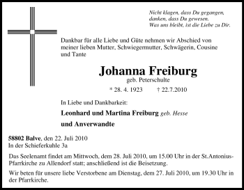 Traueranzeige von Johanna Freiburg von Tageszeitung
