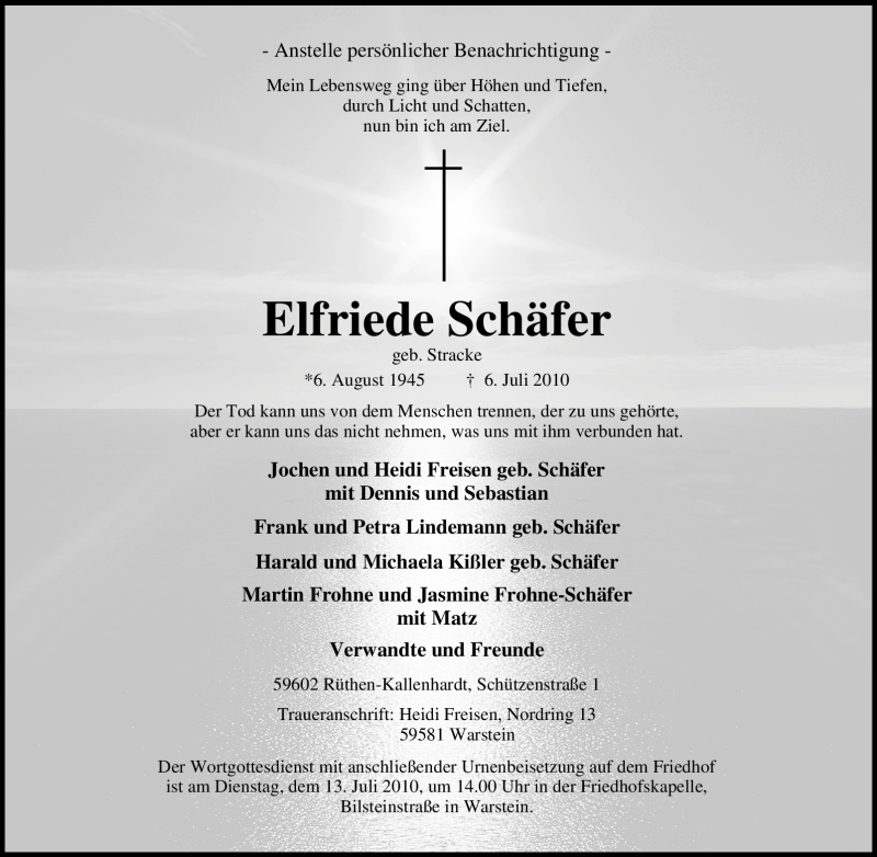  Traueranzeige für Elfriede Schäfer vom 08.07.2010 aus Tageszeitung
