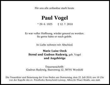 Traueranzeige von Paul Vogel von Tageszeitung