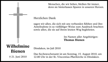 Traueranzeige von Wilhelmine Bienen von Tageszeitung