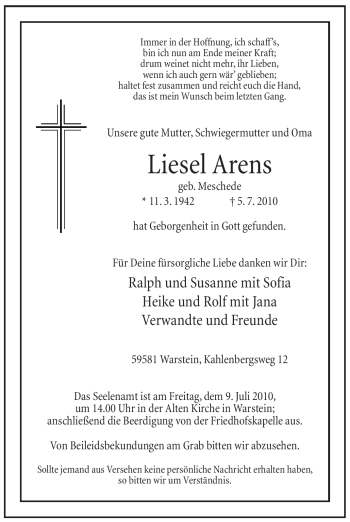 Traueranzeige von Liesel Arens von Tageszeitung