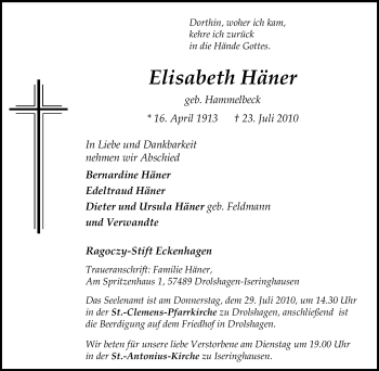 Traueranzeige von Elisabeth Häner von Tageszeitung