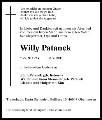 Traueranzeige von Willy Patanek von Tageszeitung