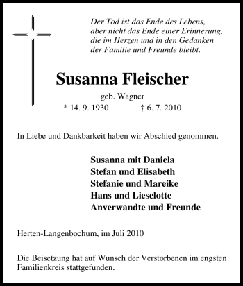 Traueranzeige von Susanna Fleischer von Tageszeitung