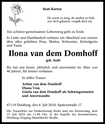Traueranzeige von Ilona van dem Domhoff von Tageszeitung