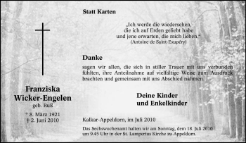 Traueranzeige von Franziska Wicker-Engelen von Tageszeitung