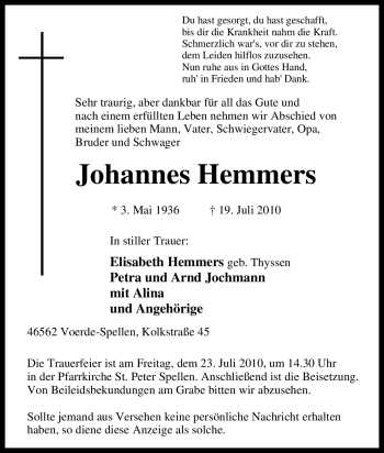 Traueranzeige von Johannes Hemmers von Tageszeitung