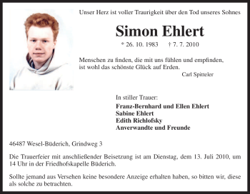 Traueranzeige von Simon Ehlert von Tageszeitung