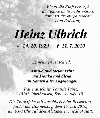 Traueranzeige von Heinz Ulbrich von Tageszeitung