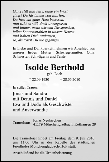 Traueranzeige von Isolde Berthold von Tageszeitung