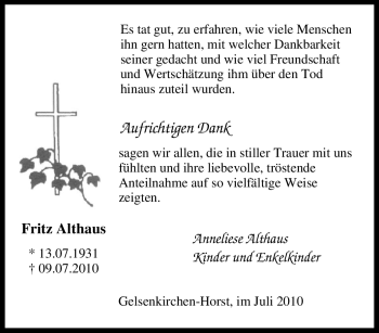 Traueranzeige von Fritz Althaus von Tageszeitung