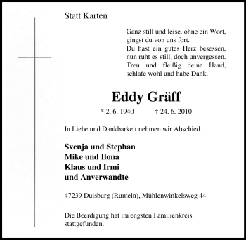 Traueranzeige von Eddy Gräff von Tageszeitung