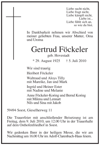 Traueranzeige von Gertrud Föckeler von Tageszeitung