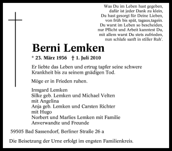 Traueranzeige von Berni Lemken von Tageszeitung