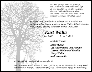 Traueranzeige von Kurt Walta von Tageszeitung