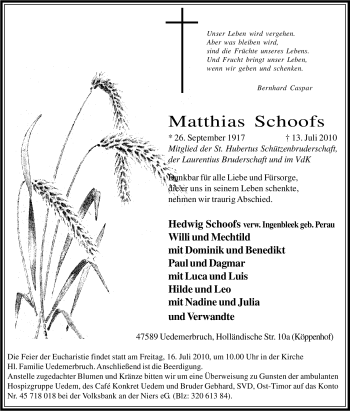 Traueranzeige von Matthias Schoofs von Tageszeitung