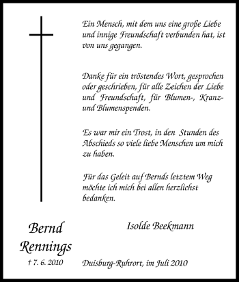 Traueranzeige von Bernd Rennings von Tageszeitung