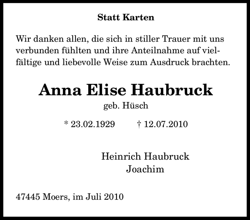 Traueranzeige für Anna Elise Haubruck vom 31.07.2010 aus Tageszeitung
