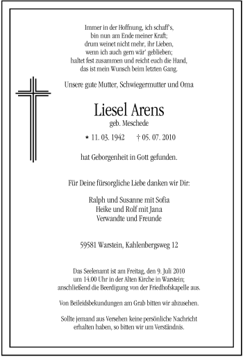 Traueranzeige von Liesel Arens von Tageszeitung