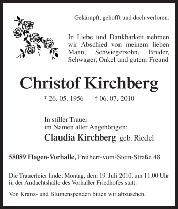 Traueranzeige von Christof Kirchberg von Tageszeitung