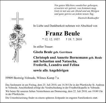 Traueranzeige von Franz Beule von Tageszeitung