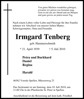 Traueranzeige von Irmgard Tenberg von Tageszeitung