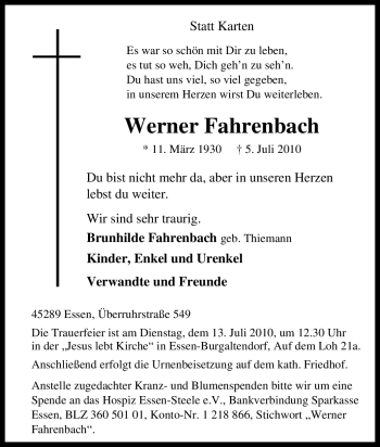 Traueranzeige von Werner Fahrenbach von Tageszeitung