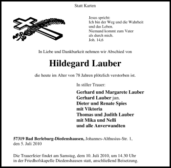 Traueranzeige von Hildegard Lauber von Tageszeitung