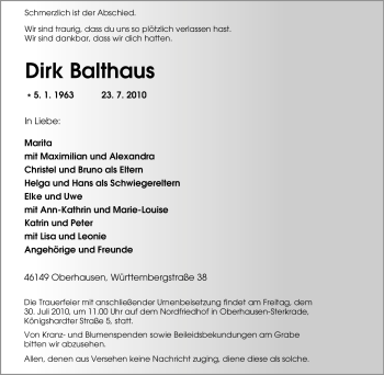 Traueranzeige von Dirk Balthaus von Tageszeitung