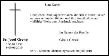 Traueranzeige von Fr. Josef Grewe von Tageszeitung