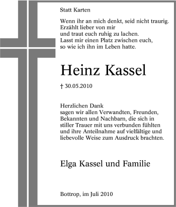 Traueranzeige von Heinz Kassel von Tageszeitung