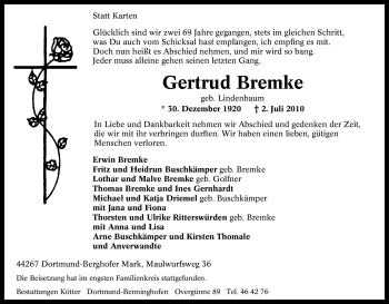 Traueranzeige von Gertrud Bremke von Tageszeitung