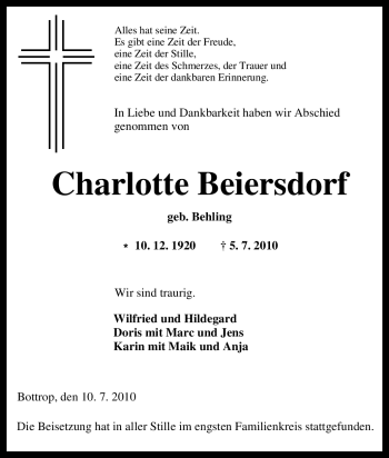 Traueranzeige von Charlotte Beiersdorf von Tageszeitung