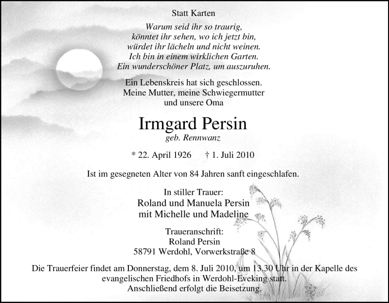  Traueranzeige für Irmgard Persin vom 07.07.2010 aus Tageszeitung