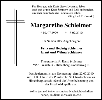 Traueranzeige von Margarethe Schleimer von Tageszeitung