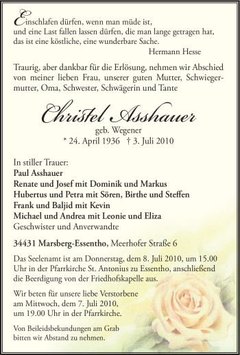 Traueranzeige von Christel Assheuer von Tageszeitung
