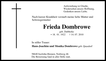 Traueranzeige von Frieda Dombrowe von Tageszeitung