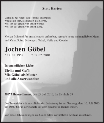 Traueranzeige von Jochen Göbel von Tageszeitung