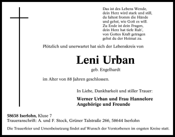 Traueranzeige von Leni Urban von Tageszeitung